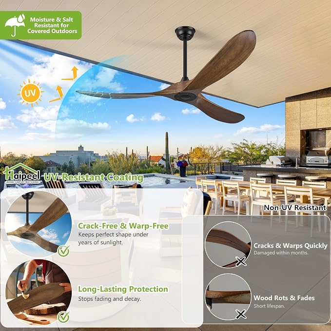 52 Inch Outdoor Ceiling Fans Without Lights, Wood Ceiling Fan no Light with Remote Control and Quiet BLDC Motor, Indoor 3 Blade Propeller Fan Damp Rated for Rustic Patios Farmhouse Porch, Dark Walnut