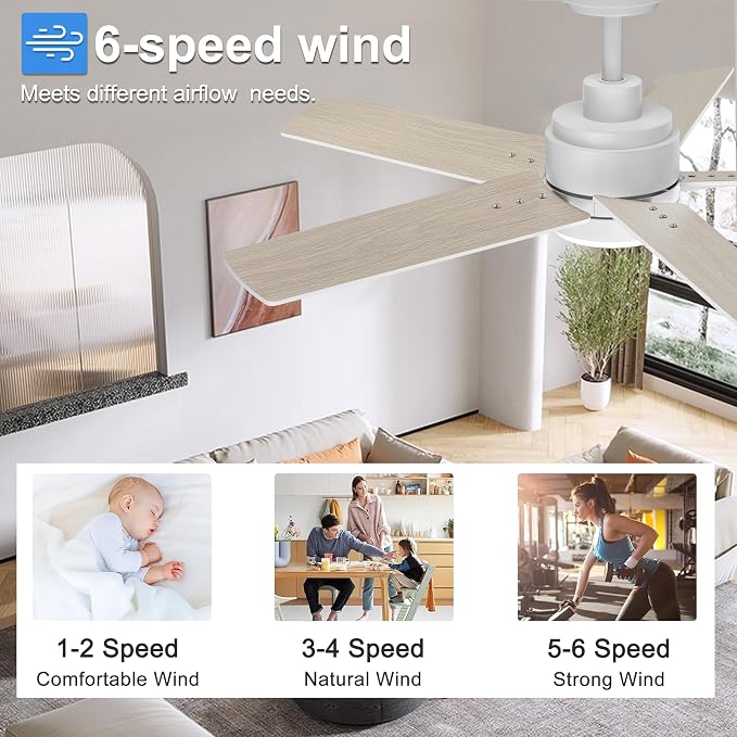 42 Inch White Ceiling Fan with Light and Remote Control | 6 Speeds Reversible,Dimmable LED,3CCT,5 Blades,Quiet DC Motor Ceiling Fans for Indoor or Covered Outdoor Use