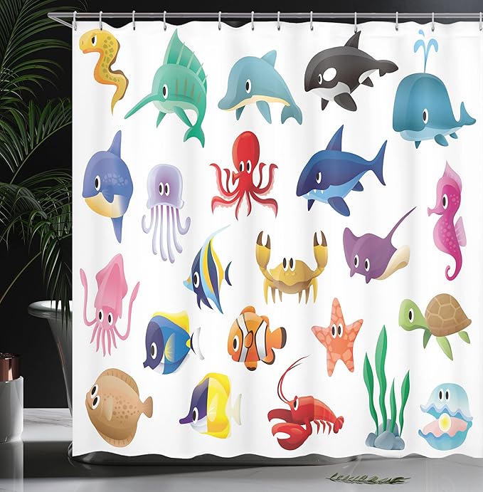 Ambesonne Whale Shower Curtain, Variety of Marine Organisms Stingray Squid Sea Star Seahorse Sailfish Lobster Artwork, Cloth Fabric Bathroom Decor Set with Hooks, 69" W x 75" L, White Multicolor