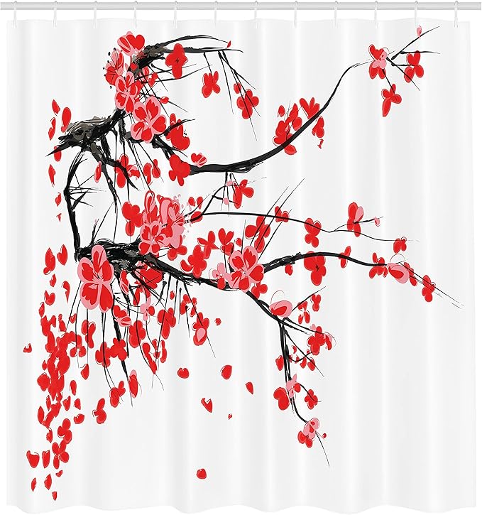 Ambesonne Floral Shower Curtain, Japanese Cherry Blossom Sakura Blooms Branch Spring Inspirations Print, Cloth Fabric Bathroom Decor Set with Hooks, 69" W x 84" L, Vermilion Brown White