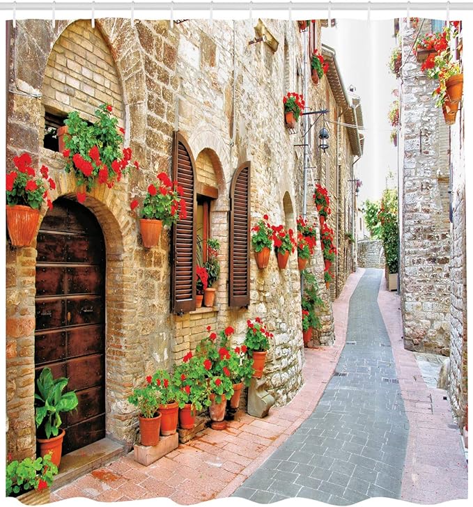 Ambesonne Tuscan Shower Curtain, Porch with Colorful Flowers at an Old Street in Town in Italy in Sunny Day, Cloth Fabric Bathroom Decor Set with Hooks, 69" W x 84" L, Vermilion Brown