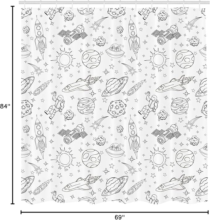 Ambesonne Cartoon Shower Curtain, Doodle Solar System Astronauts Space Crafts Shooting Stars Science Fiction Theme, Cloth Fabric Bathroom Decor Set with Hooks, 69" W x 84" L, White Ink