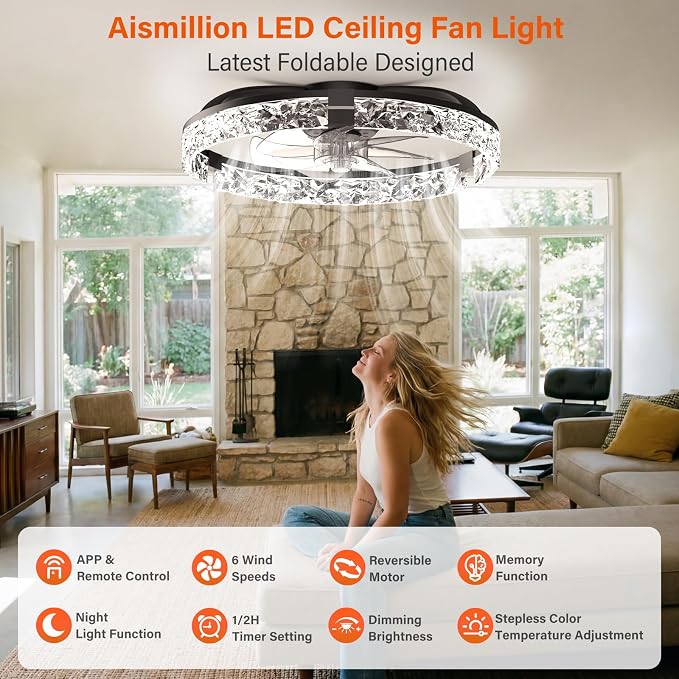 Ceiling Fans with Lights and Remote,20''Low Profile Ceiling Fan,3000-6000K Dimmable Modern Flush Mount LED Fan Light,6 Wind Speeds for Bedroom (Black, 20-inch Foldable Diamond)