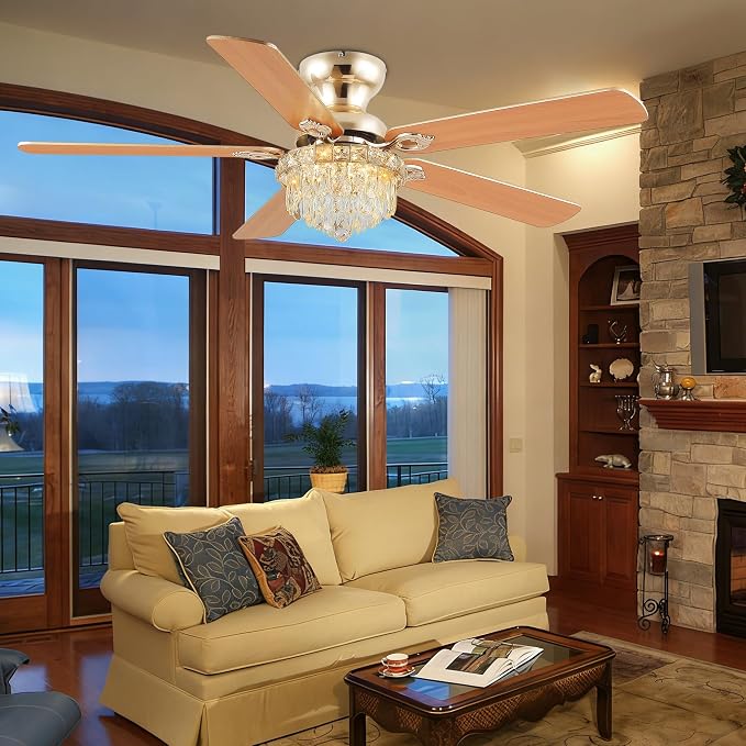 GJeg Crystal Ceiling Fan Fandelier with Lights-Ceiling Fans with Remote Control,Modern Ceiling Fan with Noiseless DC Reversible Motor,Dining Room,Living Room(52" Gold)