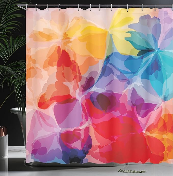 Ambesonne Floral Shower Curtain, Vibrant Colors Abstract Creative Watercolor Style Flower Pattern Design, Cloth Fabric Bathroom Decor Set with Hooks, 69" W x 75" L, Multicolor Vermilion Apricot