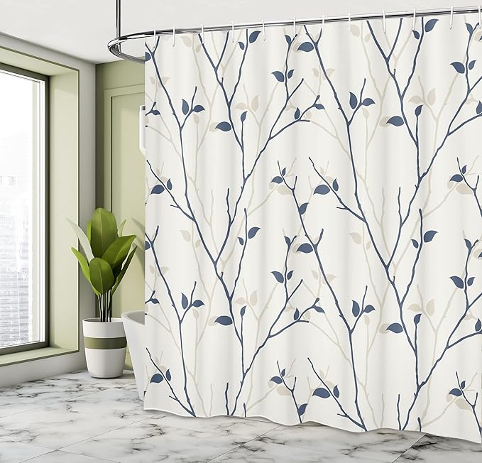 Ambesonne Leaf Shower Curtain, Branches in The Fall Trees Stem Twig Last Few Leafage Minimalistic Design Art, Cloth Fabric Bathroom Decor Set with Hooks, 69" W x 70" L, Azure Blue