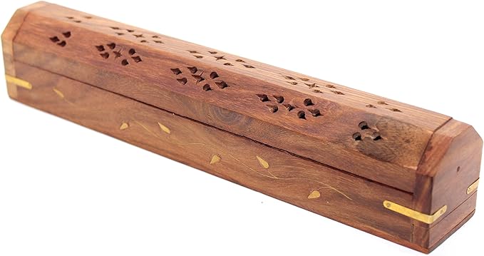 Govinda Wooden Coffin Incense Burner - 12" - Brass Inlays - Storage Compartment - Vines