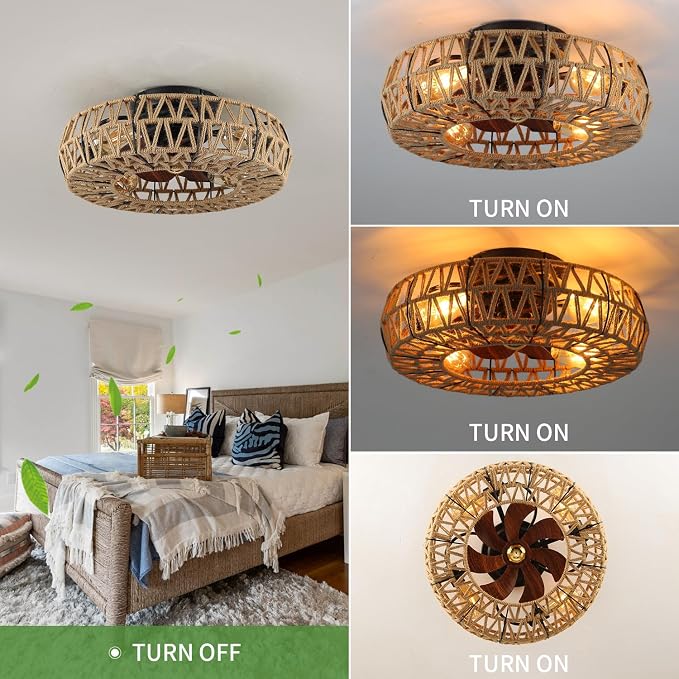 20 Inch Boho Caged Bladeless Ceiling Fan with Light,Flush Mount Rattan Fandelier Ceiling Fans Lights and Remote Contro,Enclosed 6 Speeds Low Profile Farmhouse Fan Light for Bedroom,Kitchen,Living Room