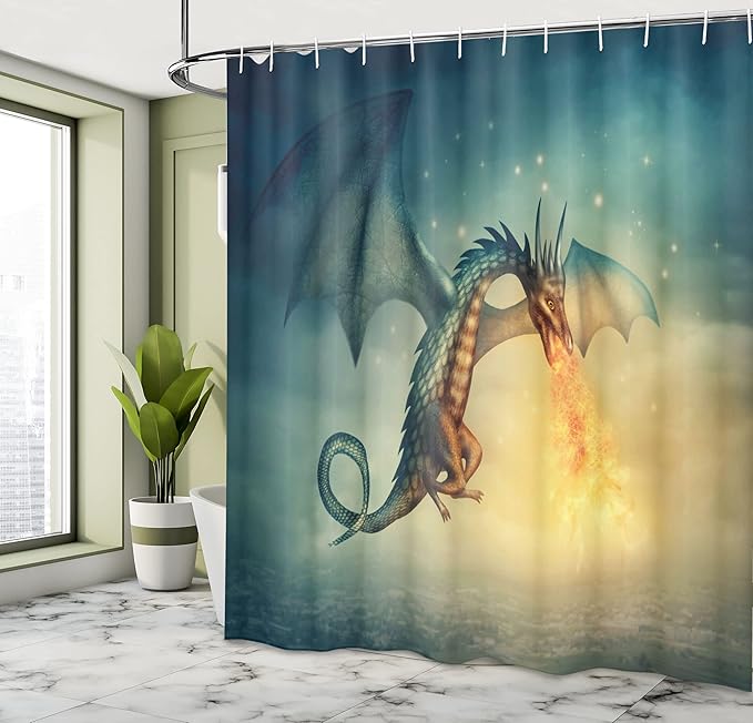 Ambesonne Fantasy Shower Curtain, Dragon in The Sky Creature Surreal Design, Cloth Fabric Bathroom Decor Set with Hooks, 69" W x 70" L, Teal Yellow