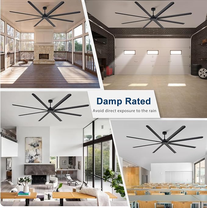 Black Ceiling Fan without Light: 100 Inch Outdoor Fan No Light Aluminum Blade - Industrial Large Ceiling Fan with Remote for Shop Garage Patio 6 Speeds Timer