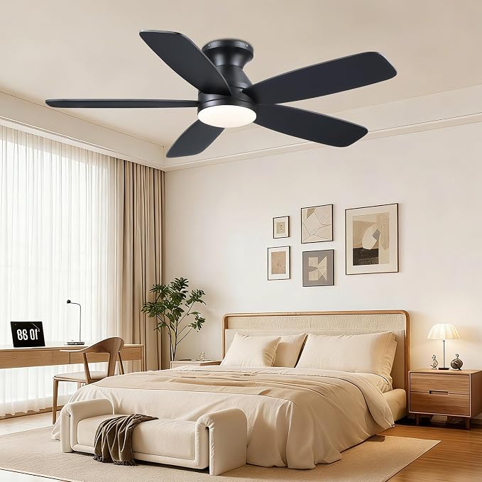 JSAITEE 48" Ceiling Fans with Lights Low Profile - Flush Mount Ceiling Fan with Light and Remote, 6 Wind Speeds Reversible, 3CCT Dimmable, Black Fan Light for Modern Indoor, Bedroom, Kitchen