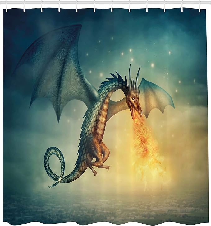 Ambesonne Fantasy Shower Curtain, Dragon in The Sky Creature Surreal Design, Cloth Fabric Bathroom Decor Set with Hooks, 69" W x 70" L, Teal Yellow
