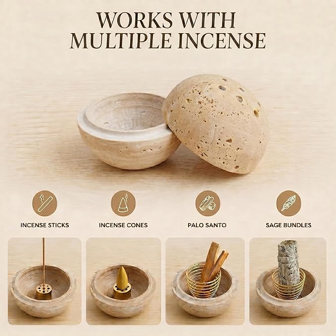 Travertine Stone Home Decor Incense Holder, Incense Cone Holder with Brass Stand Base,Handmade Incense Stick Holder for Meditation Yoga Relaxation