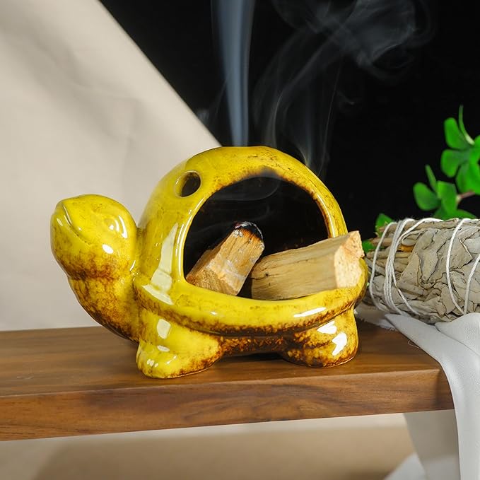Mougigi Yellow Ceramic Turtle Palo Santo Burner Holder-Mini Chiminea Incense Dish for Burning Smudge Sticks、Sage、Aromatic Santos、 Incense Cones Fits Altar &Zen Spaces,Unique Gift for Friends & Family