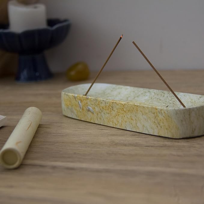 Marble-Patterned Concrete Incense Holder, with A Box of Jasmine Incense, 7.1 Inch Catches Falling Incense Ash, A Poetic and Artistic Gift for Yoga＆Meditation(GreenYellow)
