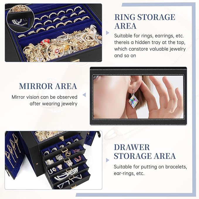 AKOZLIN 6-Tier Jewelry Box Organizer Functional 5 Drawers Leather Jewelry Storage Case for Women Girls Ring Necklace Earring Bracelet Holder Organizer with Mirror Extra Large BlackBlue
