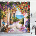Ambesonne Landscape Shower Curtain, Old Village with Colorful Plants and Flower Gate Greek Houses Artwork, Cloth Fabric Bathroom Decor Set with Hooks,69" W x 84" L, Purple Beige