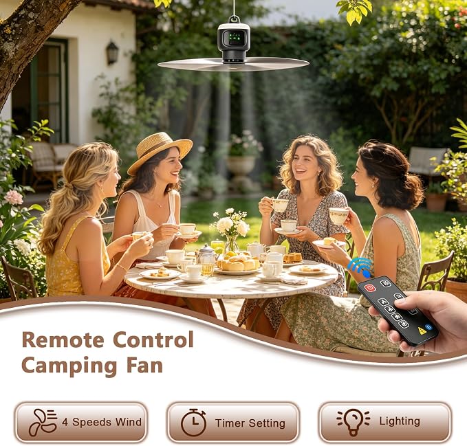 18 inch Portable Ceiling Fan with Light & Remote, 12000mAh Battery Powered Rechargeable Tent Fan, Outdoor Ceiling Camping Fans Light with Hanging Hook for Canopy Gazebo Patio RV Travel Fishing