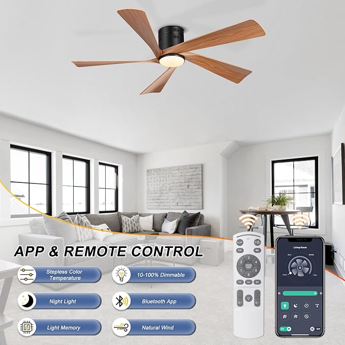 Ohniyou 52” Flush Mount Modern Farmhouse Ceiling Fan with Lights | Remote/APP Control, Low Profile, 3CCT Dimmable, Quiet DC Motor, Reversible, Covered Outdoor Overhead Fans, Black+Wood Color