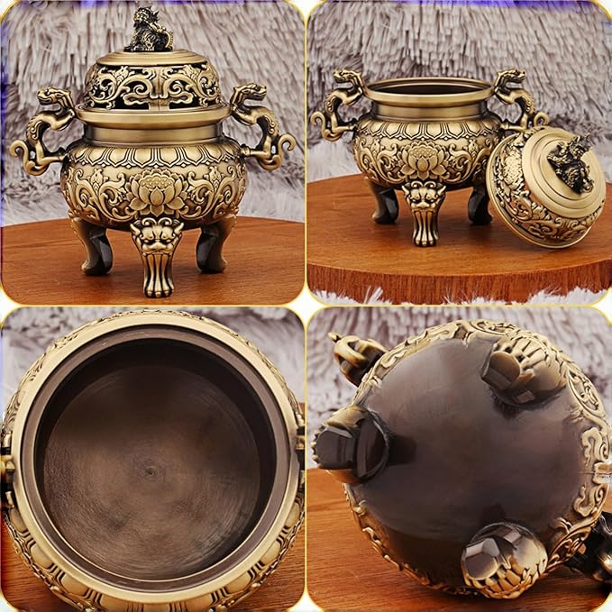 Antique Chinese Brass Incense Burner & Censer – Handmade Solid Brass with Fu Lion Foo Dog Lid, Feng Shui for Zen Meditation, Altar, Home Office Decor (5.5in, 670g), Harmony & Peace