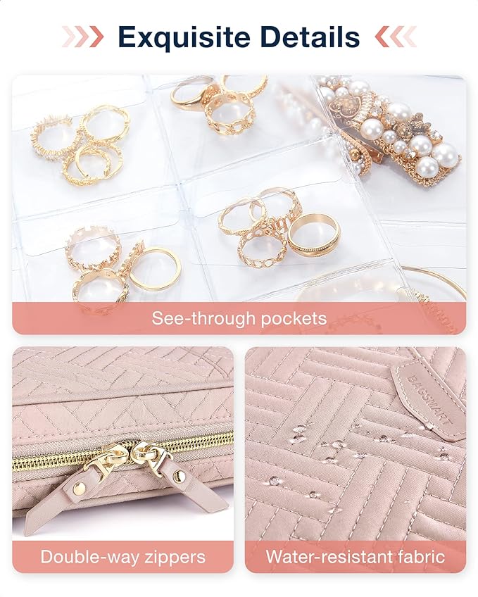 BAGSMART Jewelry Travel Organizer Case Ring Binder Storage Rolls, Pink | Travel Case for Home Clear Ring Binder Jewelry Bags Jewelry Rolls Zipper Pouch Necklaces, Earrings, Rings, Bracelets