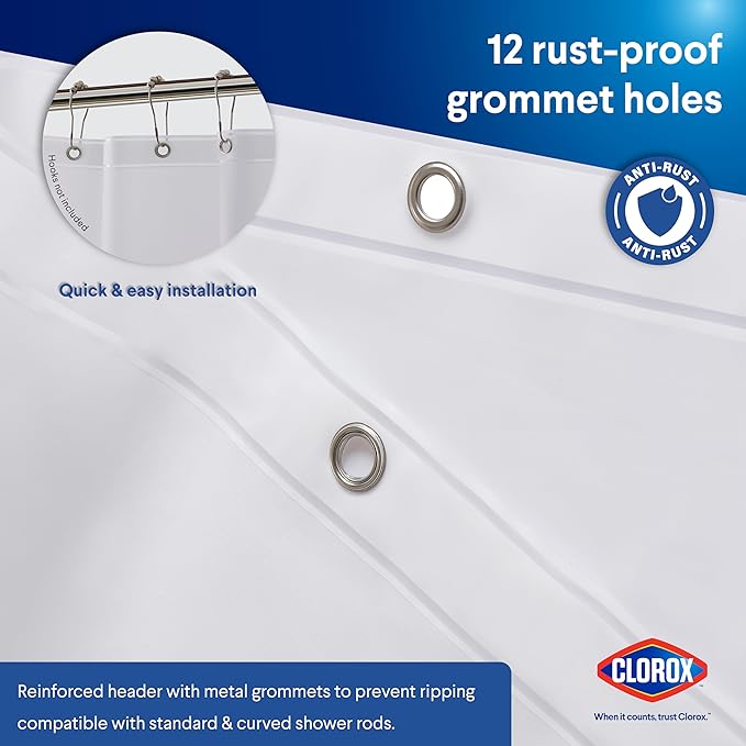 Clorox Shower Curtain Liner, Premium Lightweight Flexible Waterproof 3g PEVA for Bathroom with Weighted Magnets, Standard Size 70" x 72", Frosty 2 Pack