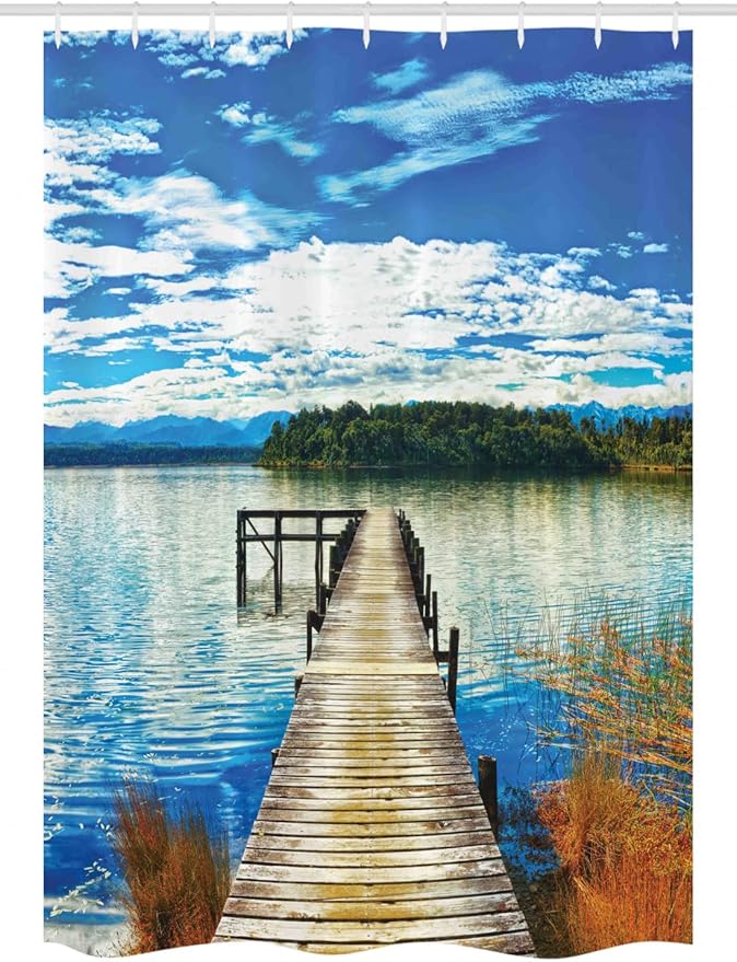 Ambesonne Beach Stall Shower Curtain, Countryside with Lake Trees Pier Cloudy Summer Sky Water Reflection Rural, Fabric Bathroom Decor Set with Hooks, 54" W x 78" L, Green Orange