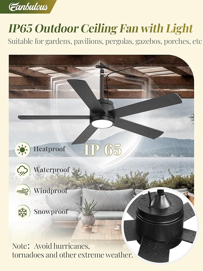 Fanbulous 52" Outdoor Ceiling Fan with Light and Remote, IP65 Waterproof, Plug-in Design with 10FT Cord, 6-Speeds, 3CCT, Hook Hanging Fan for Gazebo Patio Porch Garage Canopy(Black)