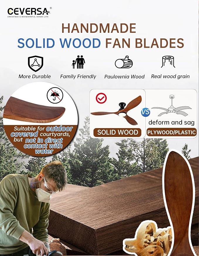 52 Inch Low Profile Ceiling Fans with Lights and Remote, Flush Mount Wood 3 Blade Ceiling Fan,Dimmable,Quiet Noiseless DC Motor for Patios,Living Room,Bedroom(Wall Control Switch)