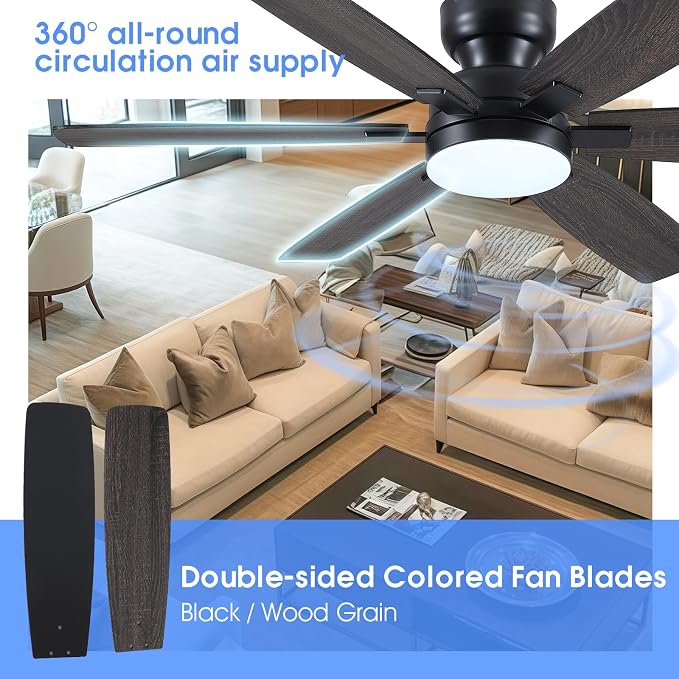 Kviflon 52" Ceiling Fans with Lights, Low Profile Ceiling Fan with Light and Remote/APP Control, Flush Mount Ceiling Fan with 6 Reversible Fan Blades, 3CCT, Dimmable, Quiet Motor for Bedroom Black