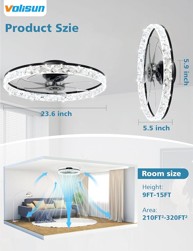 VOLISUN Low Profile Ceiling Fan with Lights and Remote, No Assembly, 24in Modern Ceiling Fans Flush Mount, 3000K-6500K Dimmable Bladeless LED Fan Light, Black Fandelier Ceiling Fans for Bedroom