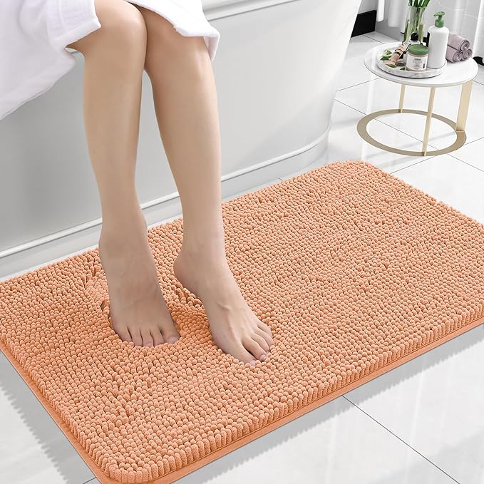 OLANLY Small Bathroom Rugs 24x16, Extra Soft Absorbent Chenille Bath Rugs, Rubber Backing Quick Dry, Machine Washable Bath Mats for Bathroom Floor, Tub and Shower, Home Decor Accessories, Peach