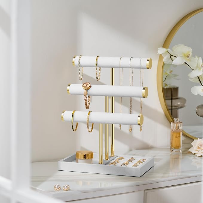 Jewelry Organizer Stand Display, 3 Tier Velvet Bracelet Holder, White | Jewelry Organizers and Storage | Jewelry Tree | Jewelry Towers for Necklaces, Bracelets, Earrings, Rings