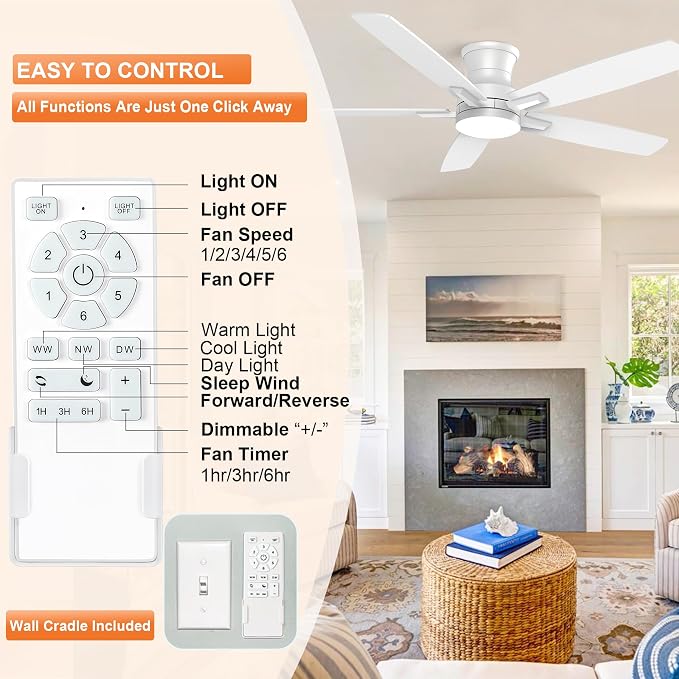 YUHAO 52 Inch Flush Mount White Ceiling Fan with Light and Remote Control.Noiseless,Dimmable,3CCT,6 Speeds Reversible, Low Profile DC Ceiling Fans for Indoor or Covered Outdoor Use,ETL Listed