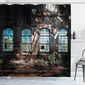 Ambesonne Industrial Shower Curtain, Interior of Tall Old Windows Ruins Hallway Station Shadow, Cloth Fabric Bathroom Decor Set with Hooks, 69" W x 75" L, Brown Blue Green