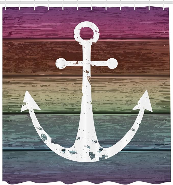 Ambesonne Anchor Shower Curtain, Rustic Themed Marine Ornament on Colorful Grungy Wooden Planks Sailing Style, Cloth Fabric Bathroom Decor Set with Hooks, 69" W x 84" L, White Multicolor