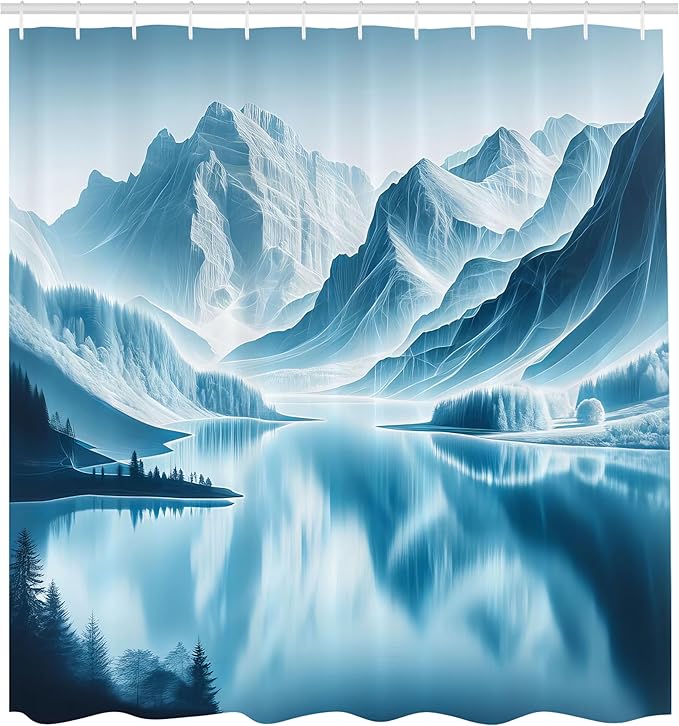Ambesonne Lake Shower Curtain, Cold Mountain Peaks Hazy Reflection on ICY Water Nature Scenery Winter View, Cloth Fabric Bathroom Decor Set with Hooks, 69" W x 75" L, Pale Blue Petrol Blue