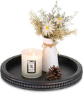 Hanobe Round Decorative Tray with Beaded Edge, Distressed Dark Brown Finish | 11.8" vintage wooden tray for coffee table, ottoman, or counter display, holds candles.