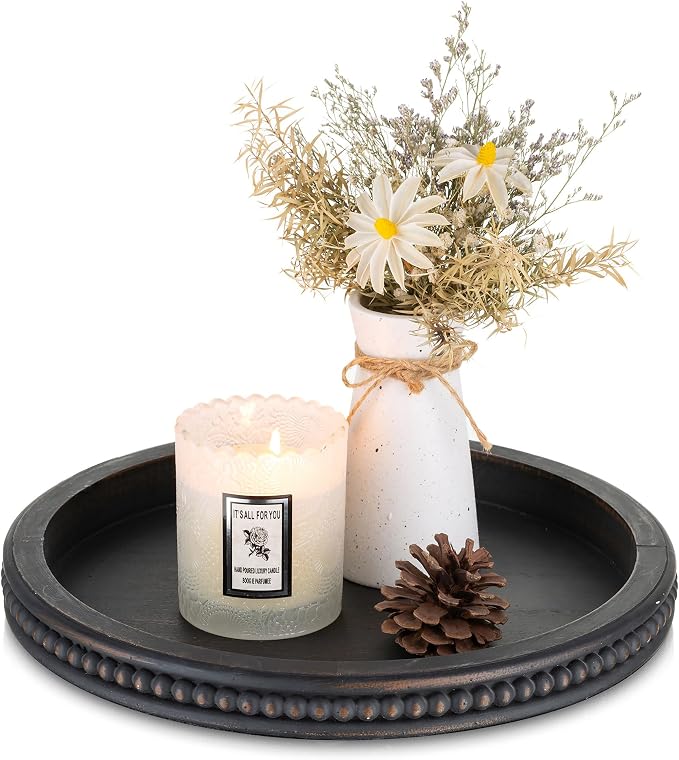Hanobe Round Decorative Tray with Beaded Edge, Distressed Dark Brown Finish | 11.8" vintage wooden tray for coffee table, ottoman, or counter display, holds candles.