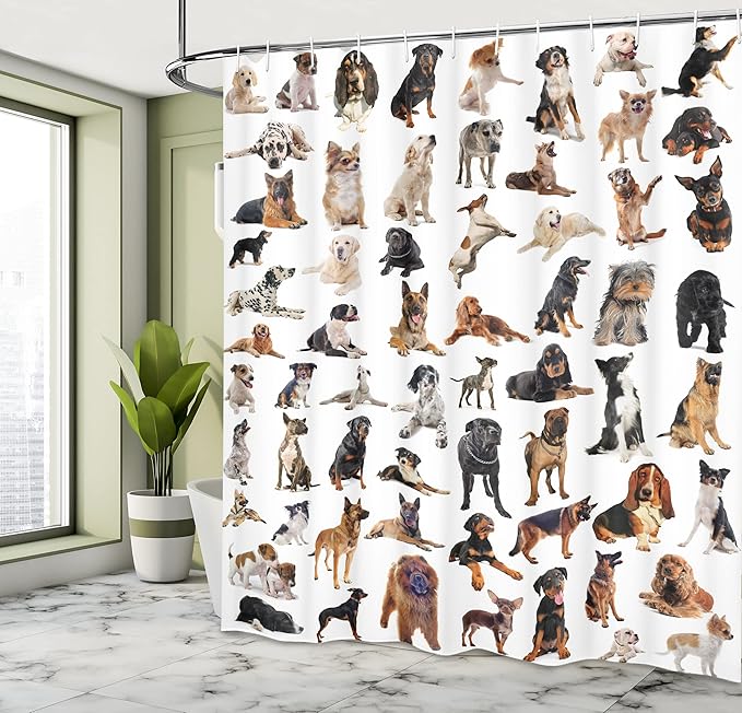 Ambesonne Dog Lover Shower Curtain, Composite Picture with Dogs Australian Sheepdog Belgian Boxer Italian Mastiff, Cloth Fabric Bathroom Decor Set with Hooks, 69" W x 84" L, Brown Black