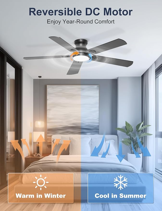 52'' Flush Mount Ceiling Fan with Lights, Space-Saving Low Profile for Low Ceilings, App/Remote Control, Safe Quiet DC Motor for Bedroom Living Room, Dimmable, Black