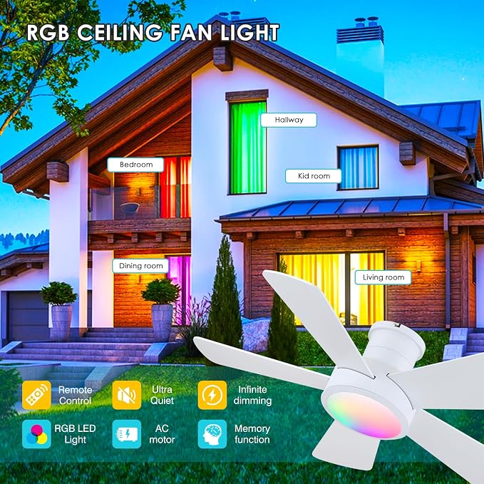 Hounberi 40" RGB Ceiling Fan with Light and Remote, White Low Profile Flush Mount Smart Fan with App Control, Quiet Reversible DC Motor, Modern Dimmable 5-Blade for Bedroom Living Room