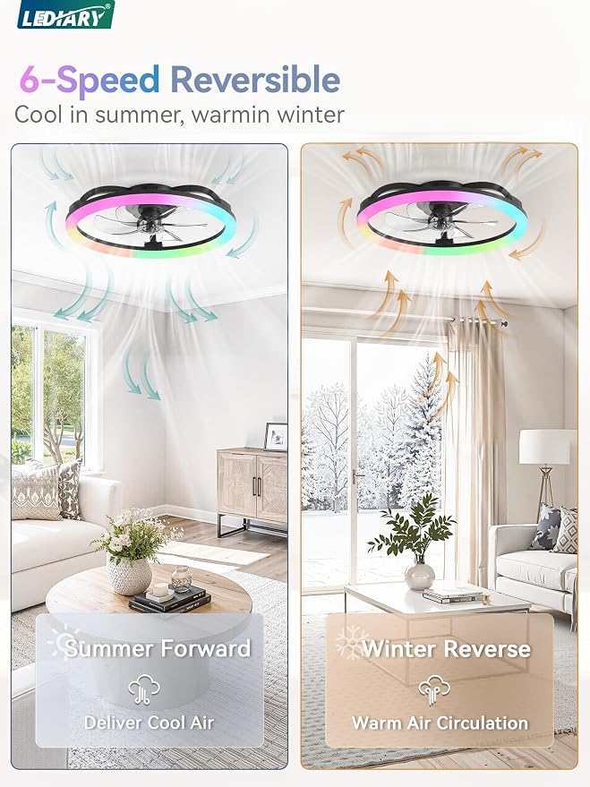 LEDIARY RGB 23" Ceiling Fans with Lights and Remote for Bedroom, Black | Low Profile Flush Mount Fan Light, Dimmable Modern Ceiling Fan(3000K-6000K), 6 Speed, Reversible, APP & Remote Control