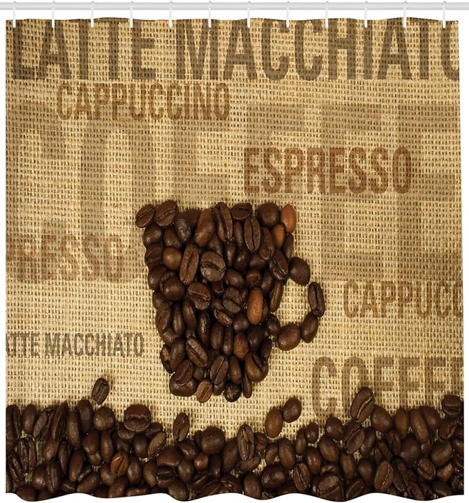 Ambesonne Coffee Shower Curtain, Coffee Beans Shaped in Mug and Coffee Types Letterings Art Print, Cloth Fabric Bathroom Decor Set with Hooks, 69" W x 75" L, Dark Brown Pale Brown