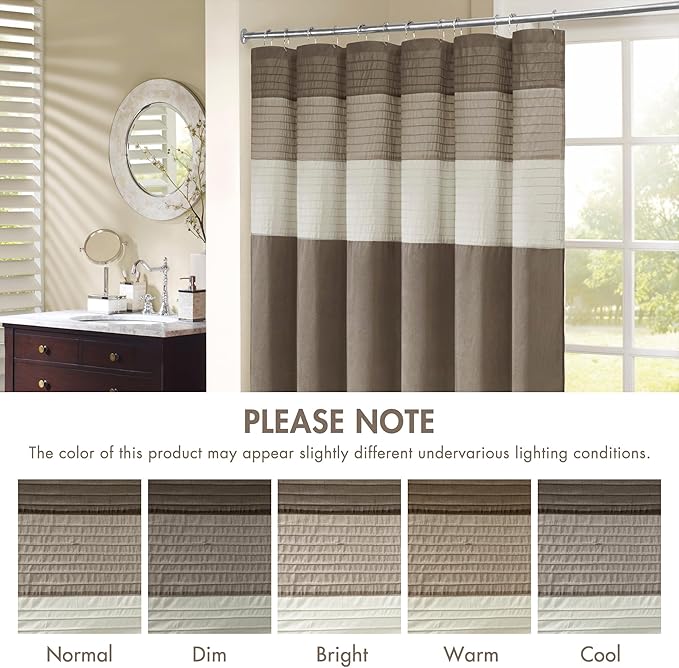 Madison Park Amherst Bathroom Shower Curtain Faux Silk Pieced Striped Modern Microfiber Bath Curtains, 72x72 Inches, Natural