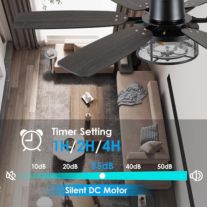 Hounberi 52" Farmhouse Ceiling Fans with Lights and Remote, Black Industrial Caged Ceiling with Seeded Glass, 6-Speed Reversible Quiet DC Motor, Black Ceiling Fan with Light for Living Room Kitchen