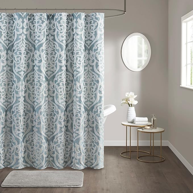 Madison Park Odette Fabric Shower Curtain Luxe Textured Jacquard, Damask Medallion Machine Washable Modern Home Bathroom Decor, Bathtub Privacy Screen, 72" x 72", Aqua/Silver