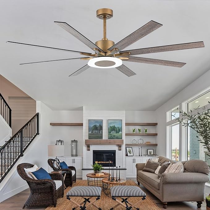 65" Vintage Black and Brushed Gold Ceiling Fan with Light, 6-Blade DC Motor, Reversible Quiet Fan with LED Module, Downrod Mount Large Ceiling Fan for Living Room Bedroom Patio