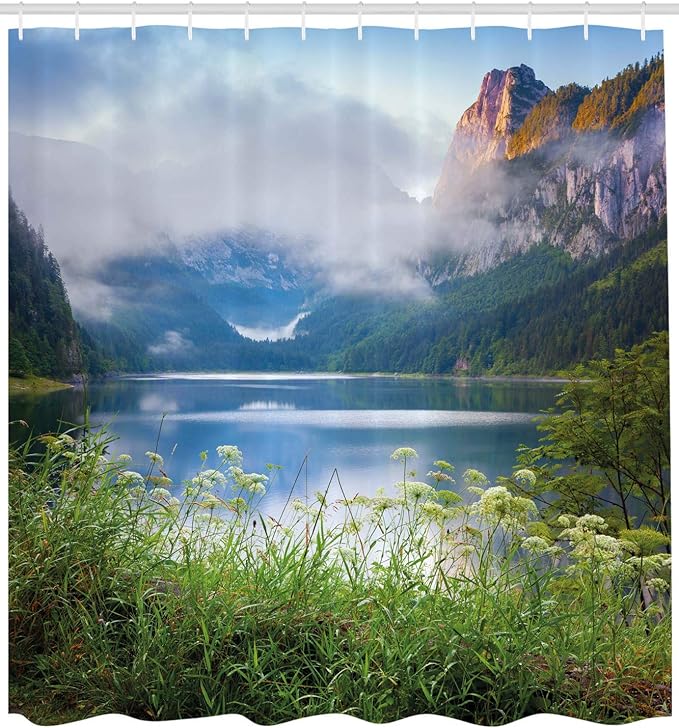 Ambesonne Nature Shower Curtain, Alps Mountain Foggy Lake in Floral Meadow Adventure Pastoral Climbing Picture, Cloth Fabric Bathroom Decor Set with Hooks, 69" W x 75" L, Forest Green
