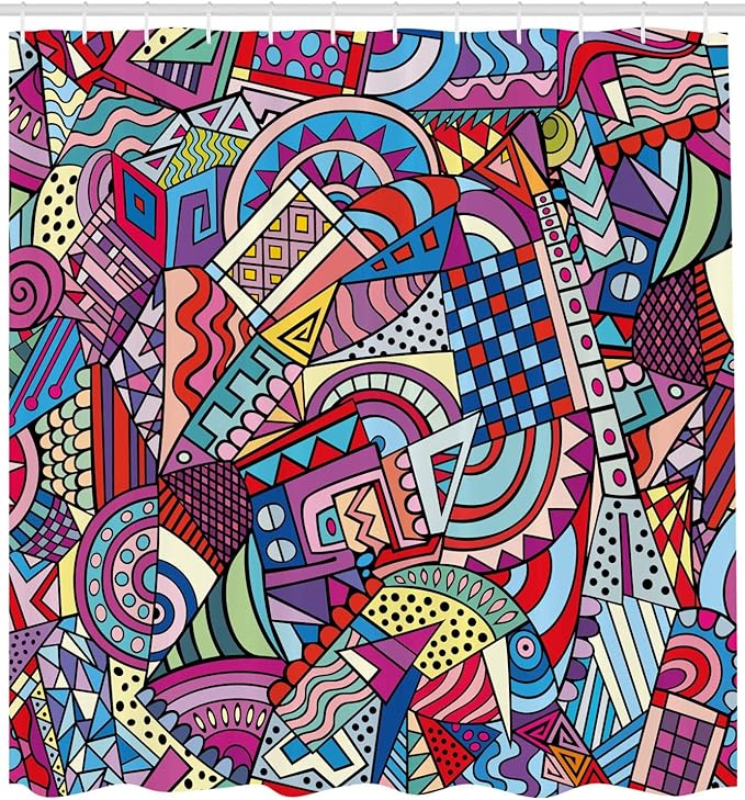 Ambesonne Psychedelic Shower Curtain, Colorful Funky Art 90's Stained Glass Style Triangle Squares Modern Art Print, Cloth Fabric Bathroom Decor Set with Hooks, 69" W x 70" L, Purple Soft Blue Coral